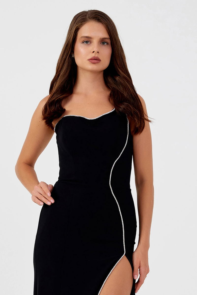 Şeref Vural Kadın Straplez Derin Yırtmaçlı Geniş Beden Aralıklı Uzun Abiye Elbise 8262 Siyah - 3