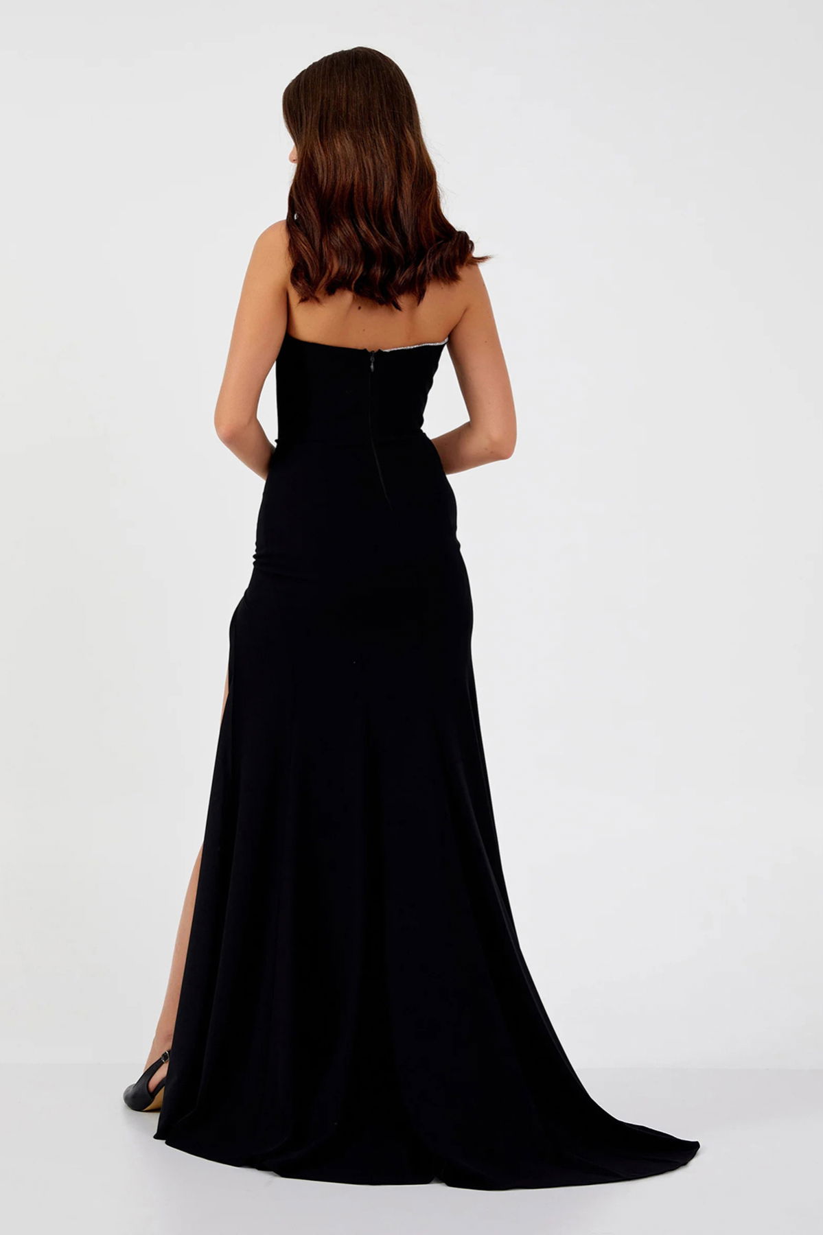 Şeref Vural Kadın Straplez Derin Yırtmaçlı Geniş Beden Aralıklı Uzun Abiye Elbise 8262 Siyah - 4