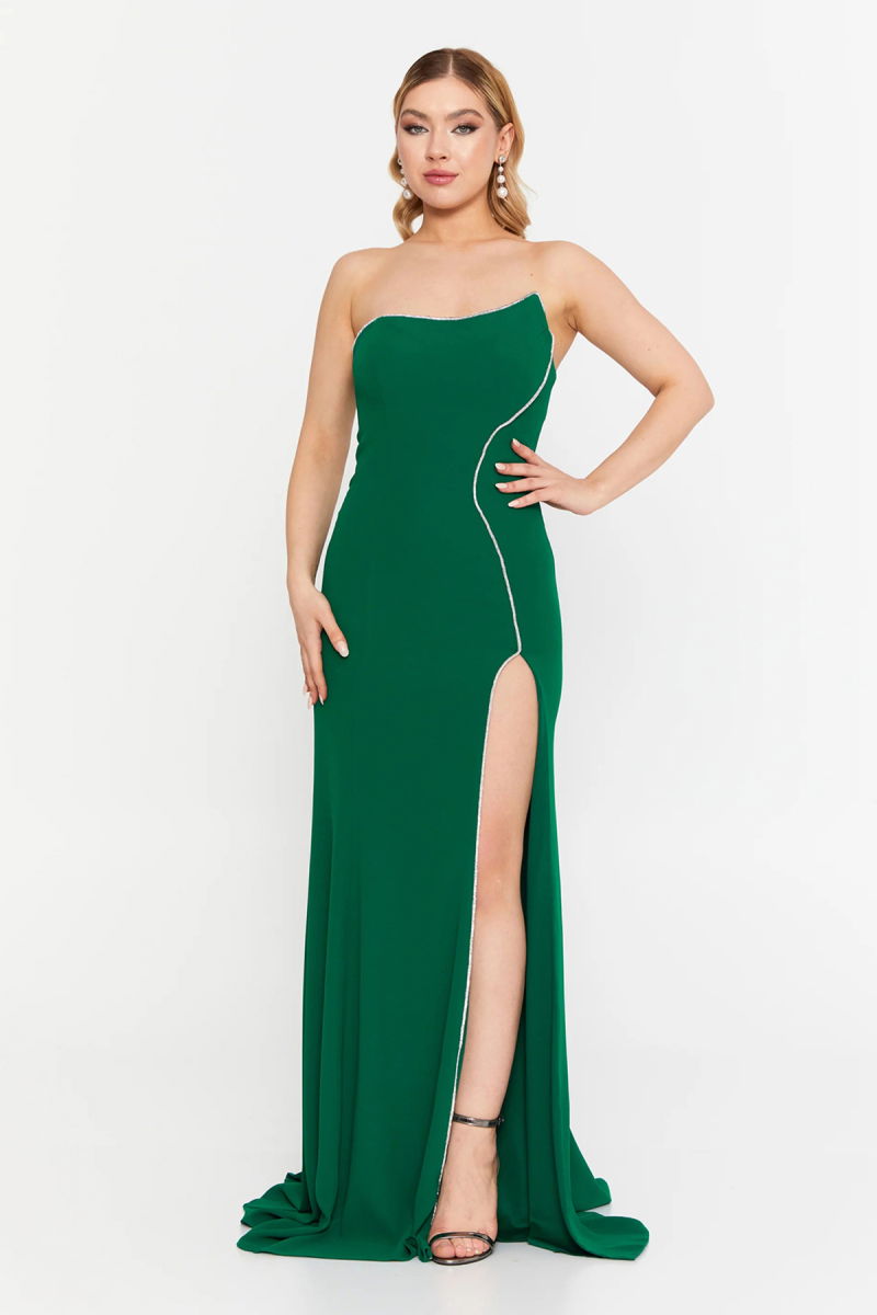 Şeref Vural Kadın Straplez Derin Yırtmaçlı Geniş Beden Aralıklı Uzun Abiye Elbise 8262 Yeşil - Şeref Vural