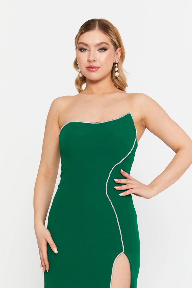 Şeref Vural Kadın Straplez Derin Yırtmaçlı Geniş Beden Aralıklı Uzun Abiye Elbise 8262 Yeşil - 3