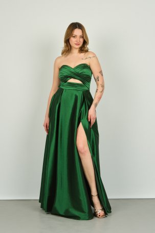 Şeref Vural Kadın Straplez Derin Yırtmaçlı Uzun Abiye Elbise 8123 Fıstık Yeşili - 2