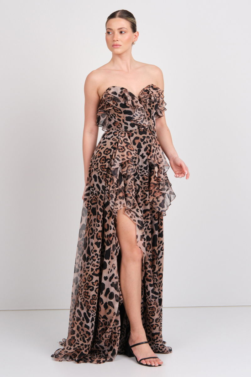 Şeref Vural Kadın Straplez Leopar Desenli Maxi Abiye Elbise 8317 Leopar - 1