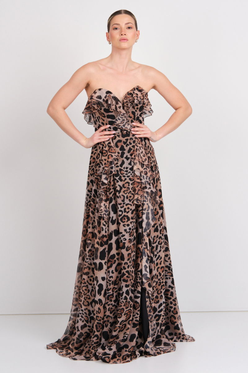 Şeref Vural Kadın Straplez Leopar Desenli Maxi Abiye Elbise 8317 Leopar - 3