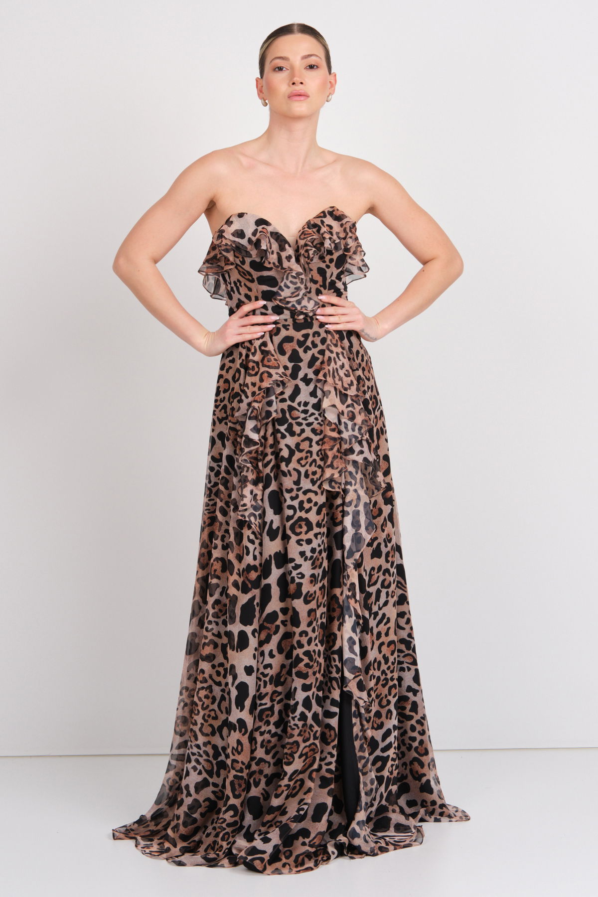Şeref Vural Kadın Straplez Leopar Desenli Maxi Abiye Elbise 8317 Leopar - 3