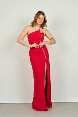 Şeref Vural Kadın Straplez Tek Omuz Taş Askılı Derin Yırtmaçlı Uzun Abiye Elbise 8218 Kırmızı 