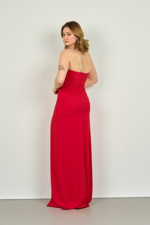 Şeref Vural Kadın Straplez Tek Omuz Taş Askılı Derin Yırtmaçlı Uzun Abiye Elbise 8218 Kırmızı - 4