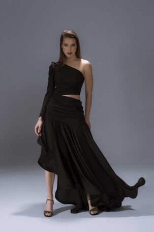 Şeref Vural Kadın Tek Kol Uzun Abiye Elbise 8102 Siyah - 1