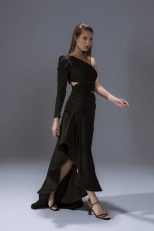 Şeref Vural Kadın Tek Kol Uzun Abiye Elbise 8102 Siyah - 2