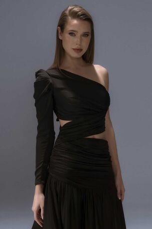 Şeref Vural Kadın Tek Kol Uzun Abiye Elbise 8102 Siyah - 3