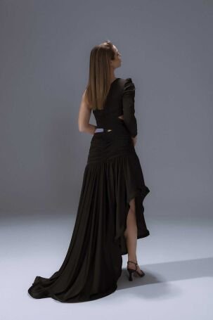 Şeref Vural Kadın Tek Kol Uzun Abiye Elbise 8102 Siyah - 4