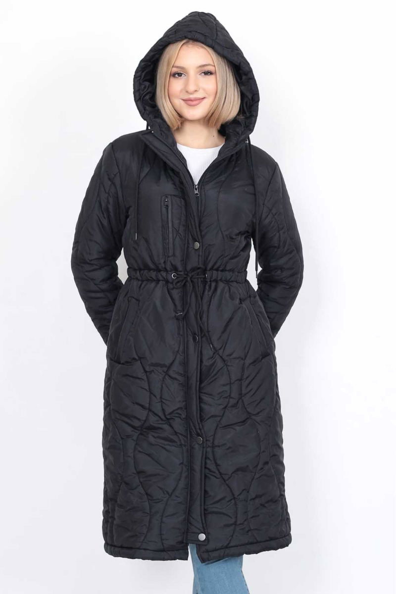 Setare Kadın Kapüşonlu Belden Bağlamalı Uzun Mont 0699 Siyah - Setare