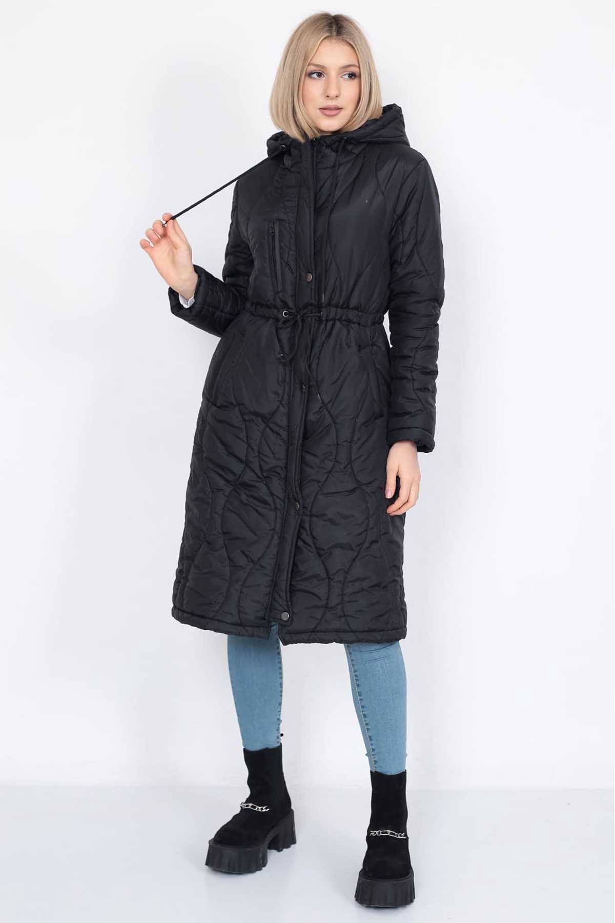 Setare Kadın Kapüşonlu Belden Bağlamalı Uzun Mont 0699 Siyah - 2