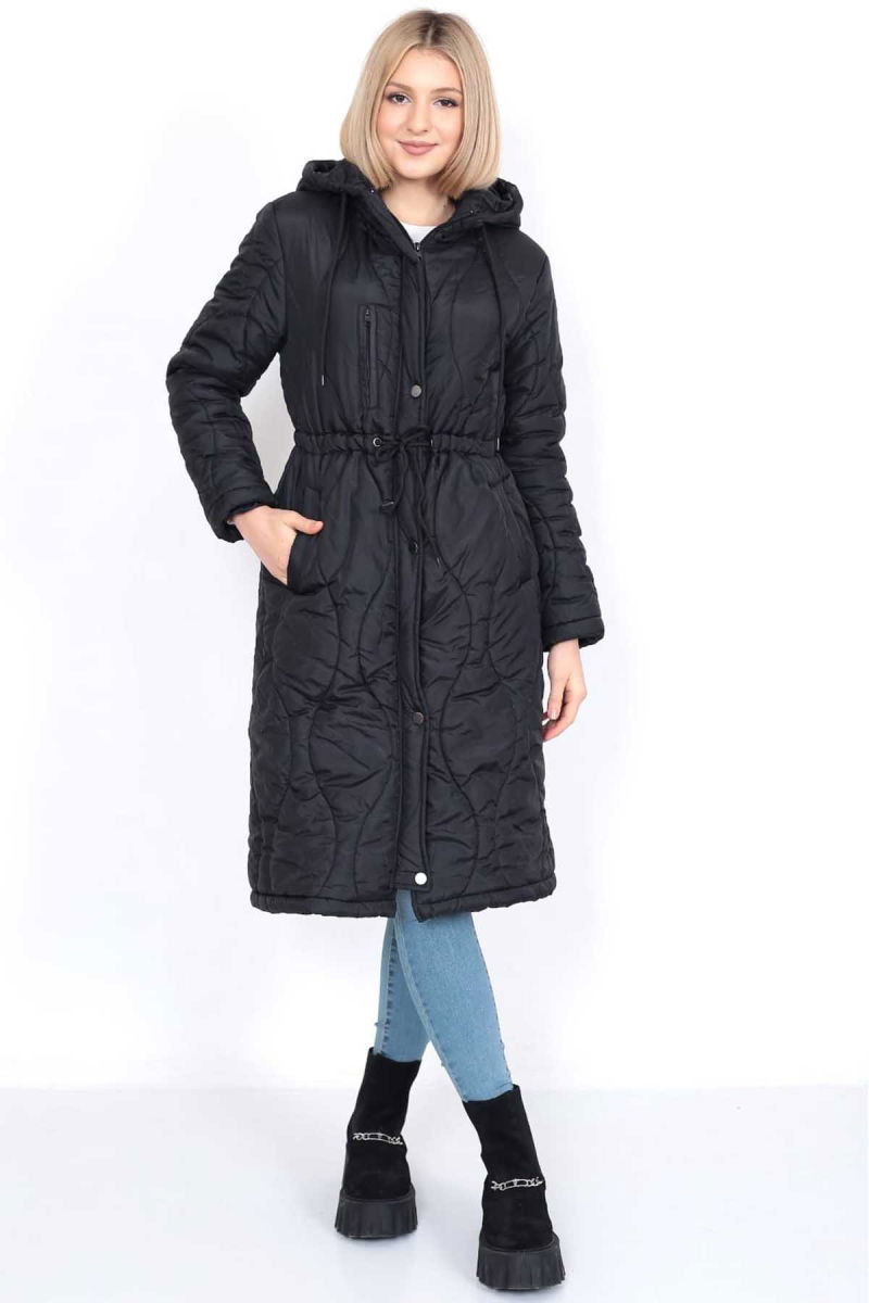 Setare Kadın Kapüşonlu Belden Bağlamalı Uzun Mont 0699 Siyah - 3