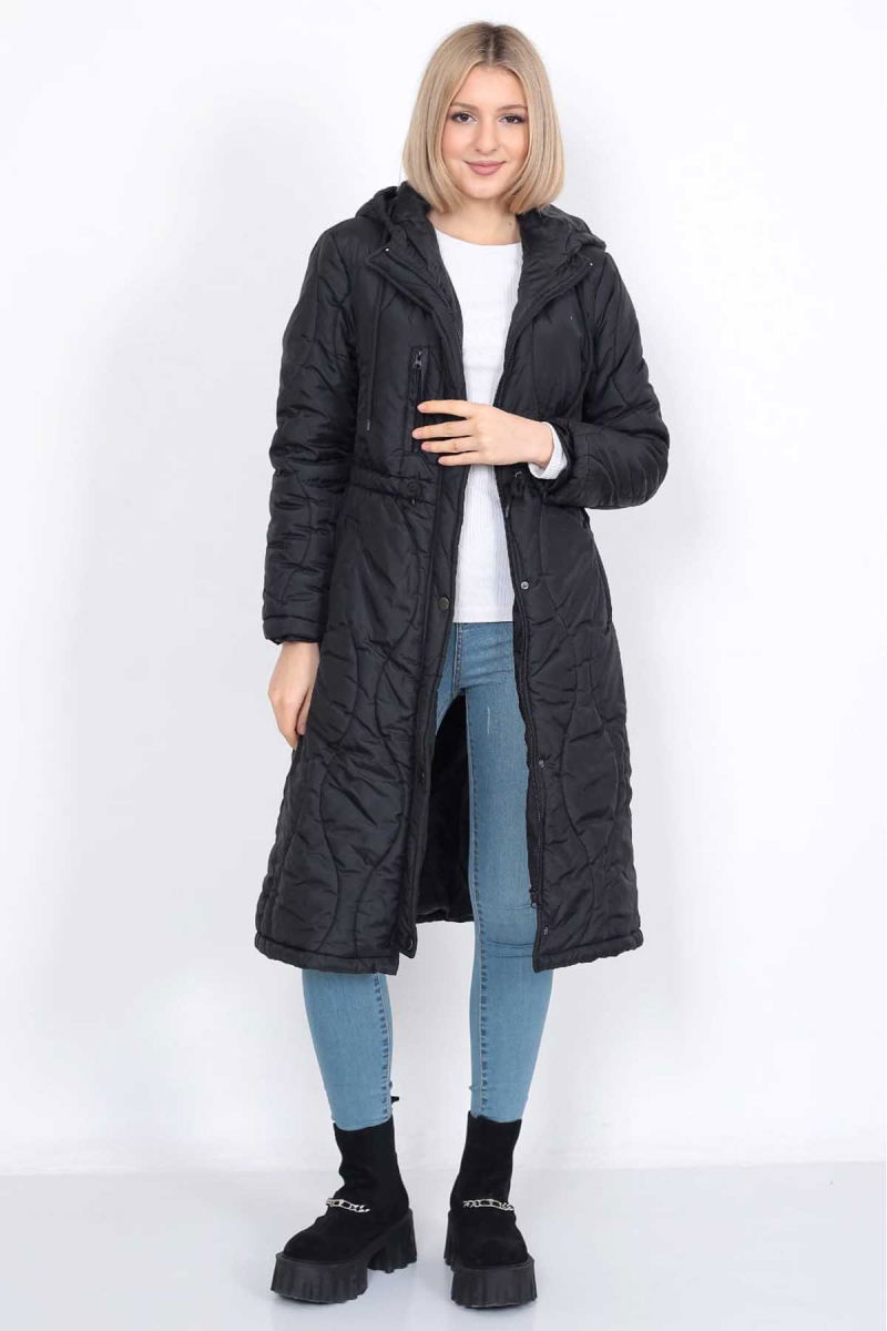 Setare Kadın Kapüşonlu Belden Bağlamalı Uzun Mont 0699 Siyah - 4