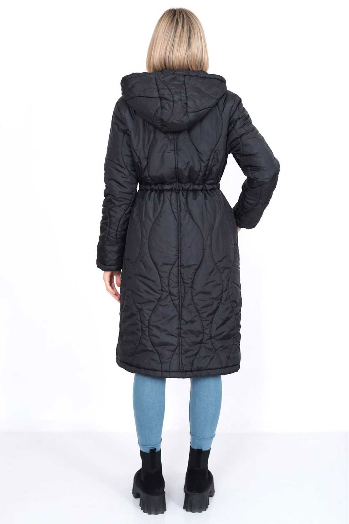 Setare Kadın Kapüşonlu Belden Bağlamalı Uzun Mont 0699 Siyah - 5