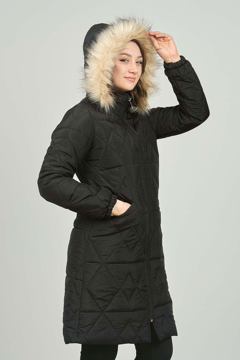 Setare Kadın Kürk Kapüşonlu Kapitone Uzun Mont 0573 Siyah - Setare