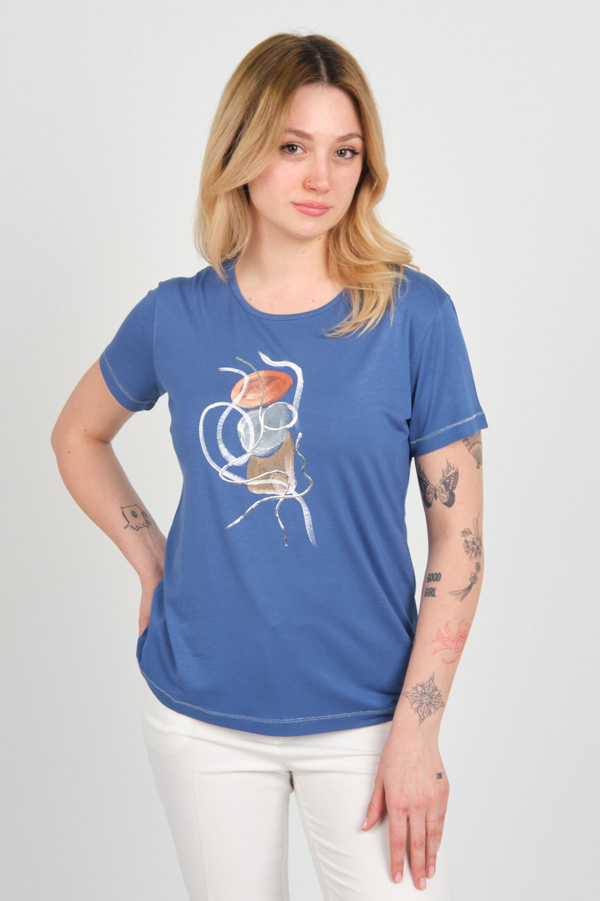 Sistas Kadın Baskı Desenli Kısa Kollu Bisiklet Yaka Bluz 24165 Indigo - 3