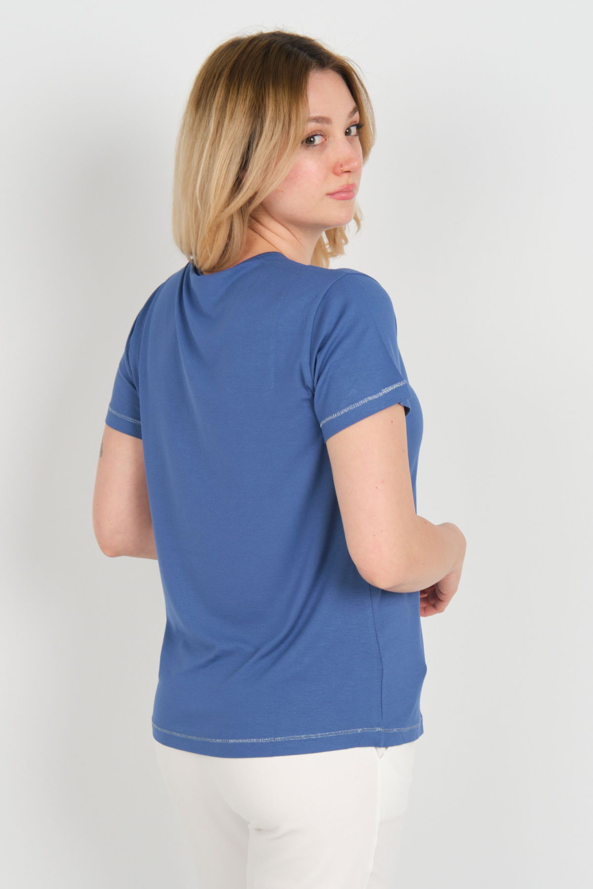 Sistas Kadın Baskı Desenli Kısa Kollu Bisiklet Yaka Bluz 24165 Indigo - 4