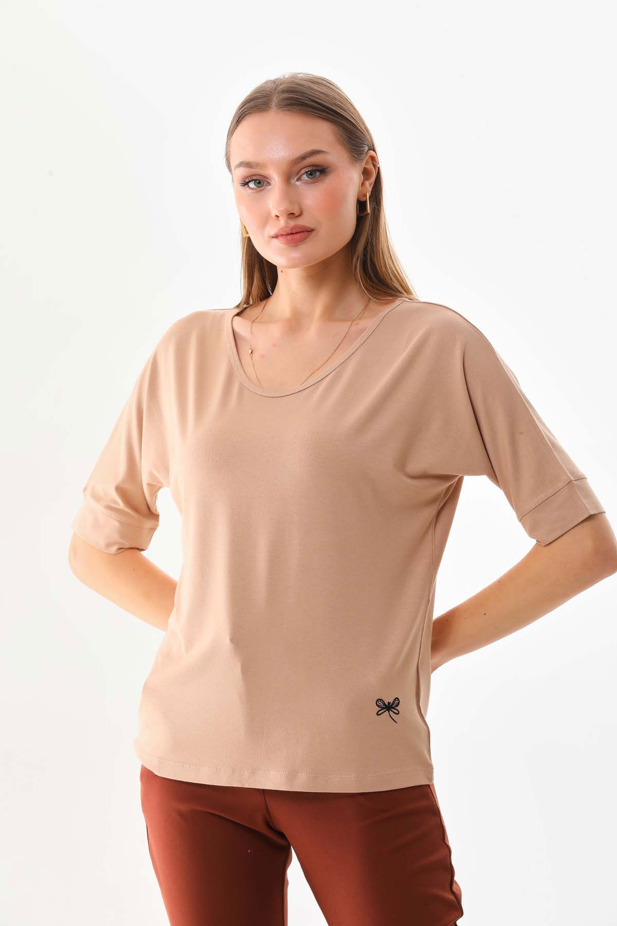 Sistas Kadın Bisiklet Yaka Kısa Kol Bluz 23009 Camel - 1