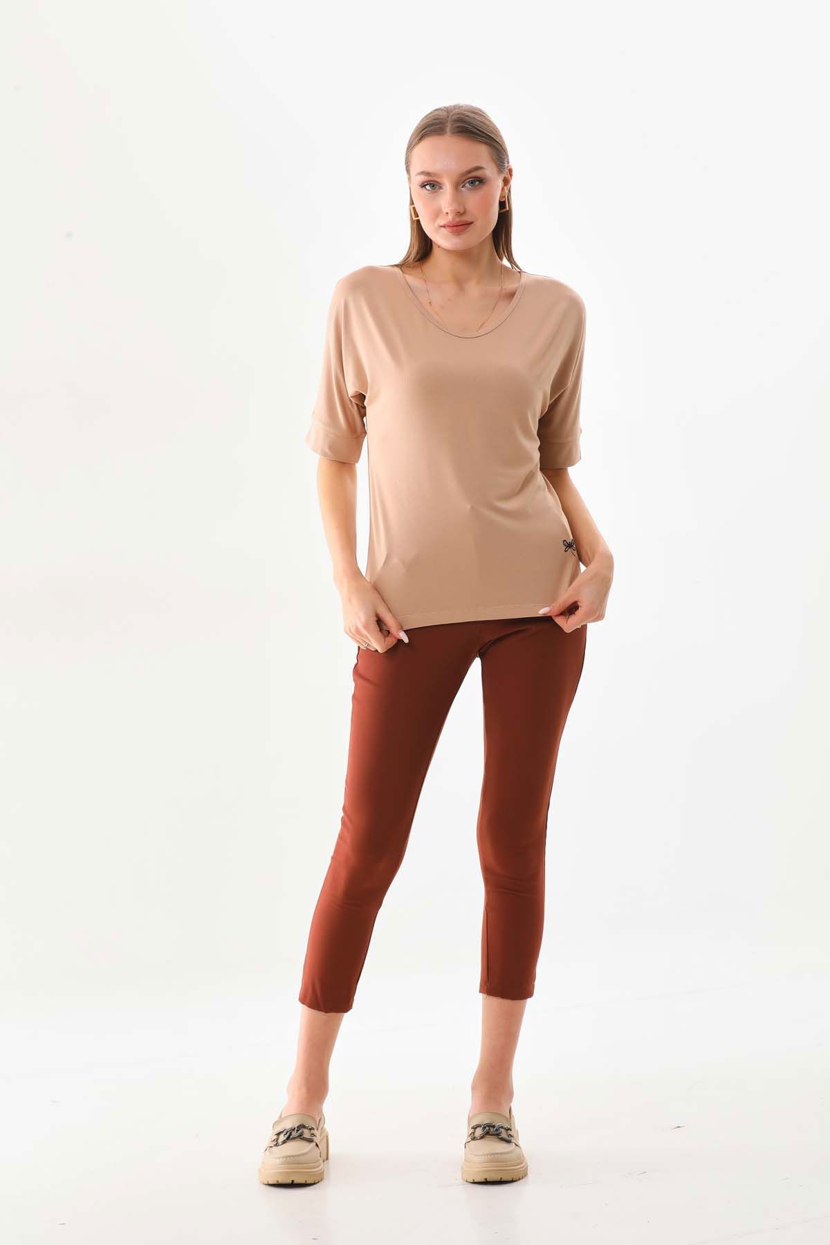 Sistas Kadın Bisiklet Yaka Kısa Kol Bluz 23009 Camel - 2