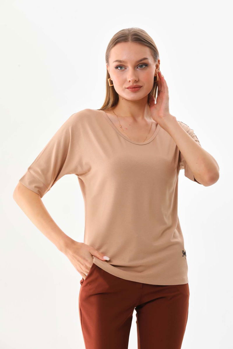 Sistas Kadın Bisiklet Yaka Kısa Kol Bluz 23009 Camel - 3