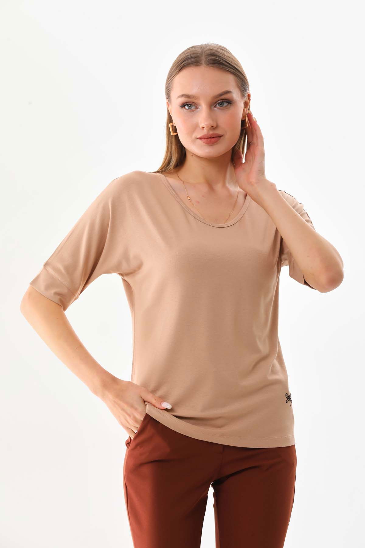 Sistas Kadın Bisiklet Yaka Kısa Kol Bluz 23009 Camel - 3