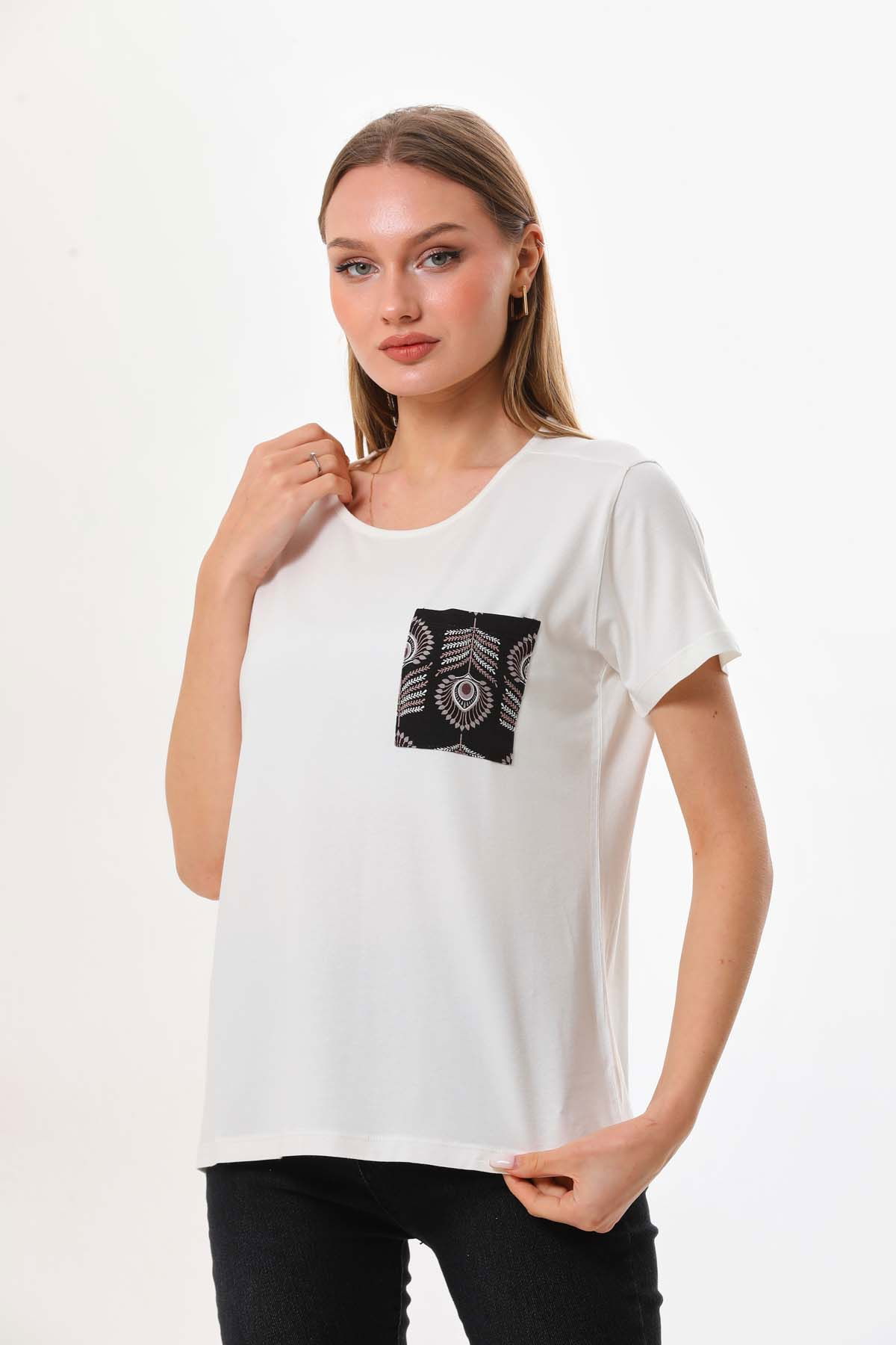 Sistas Kadın Cep Detaylı Kısa Kol Bluz 23179 Ekru - 3