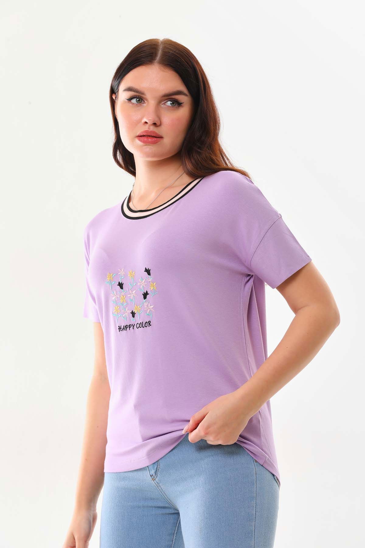 Sistas Kadın Çiçek İşlemeli Bisiklet Yaka Kısa Kol Bluz 23048 Lila - 3