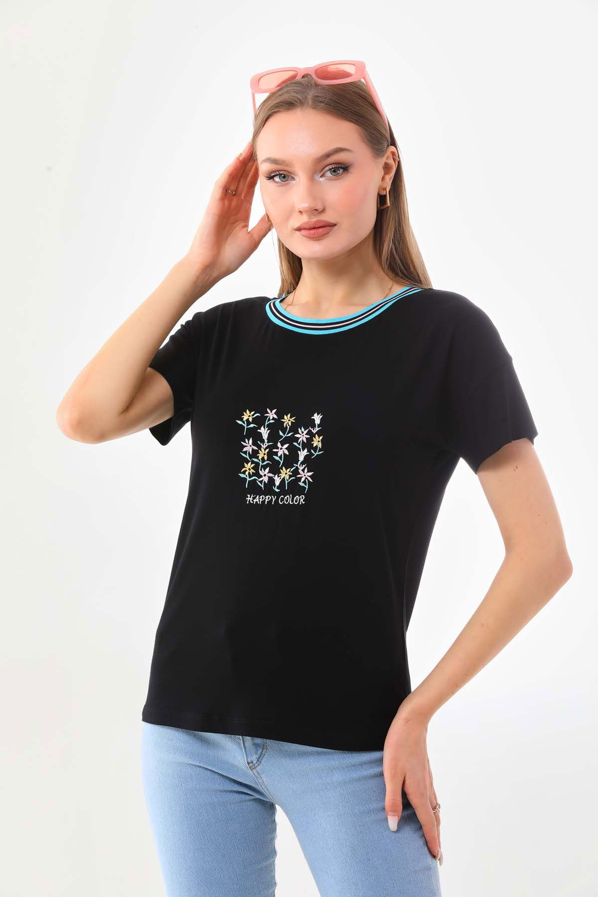 Sistas Kadın Çiçek İşlemeli Bisiklet Yaka Kısa Kol Bluz 23048 Siyah - 1