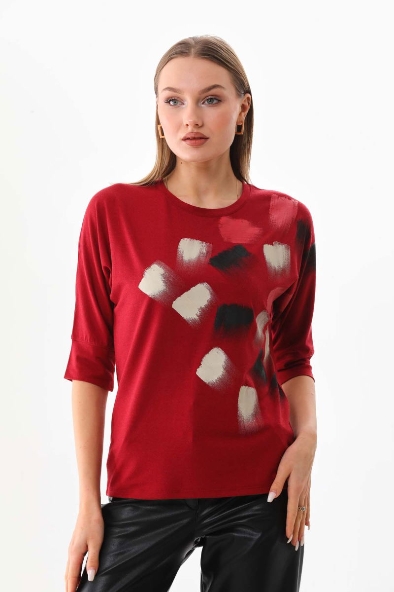 Sistas Kadın Desenli Bisiklet Yaka Bluz 23582 Bordo - 1