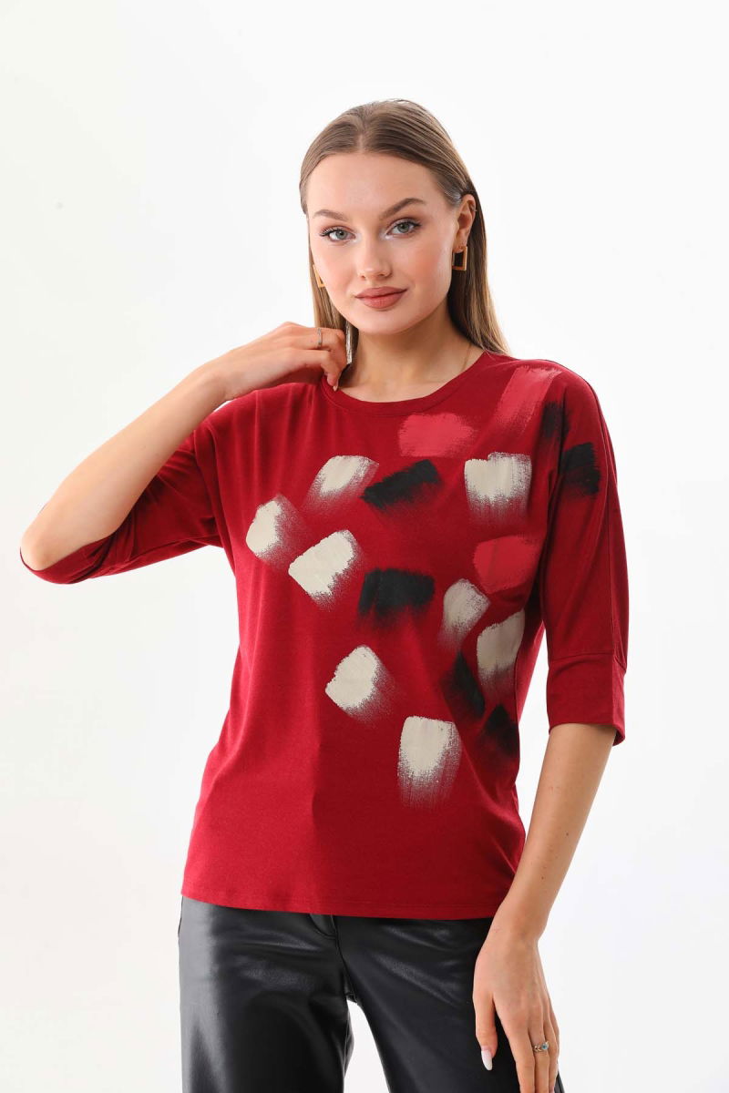 Sistas Kadın Desenli Bisiklet Yaka Bluz 23582 Bordo - 3