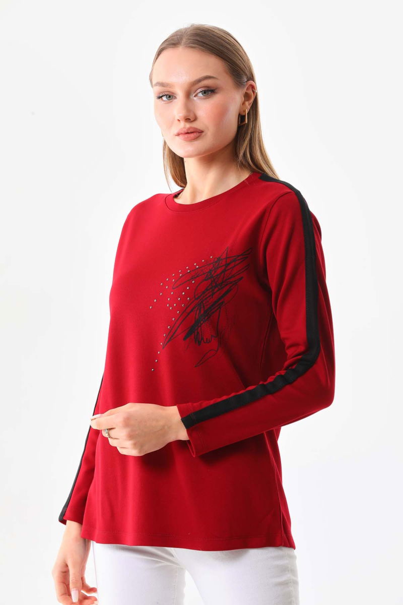 Sistas Kadın Desenli Bisiklet Yaka Uzun Kol Bluz 22689 Bordo 