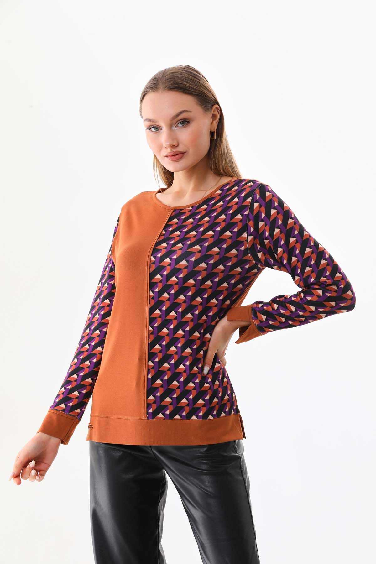 Sistas Kadın Desenli Bisiklet Yaka Uzun Kol Bluz 23592 Camel - 1