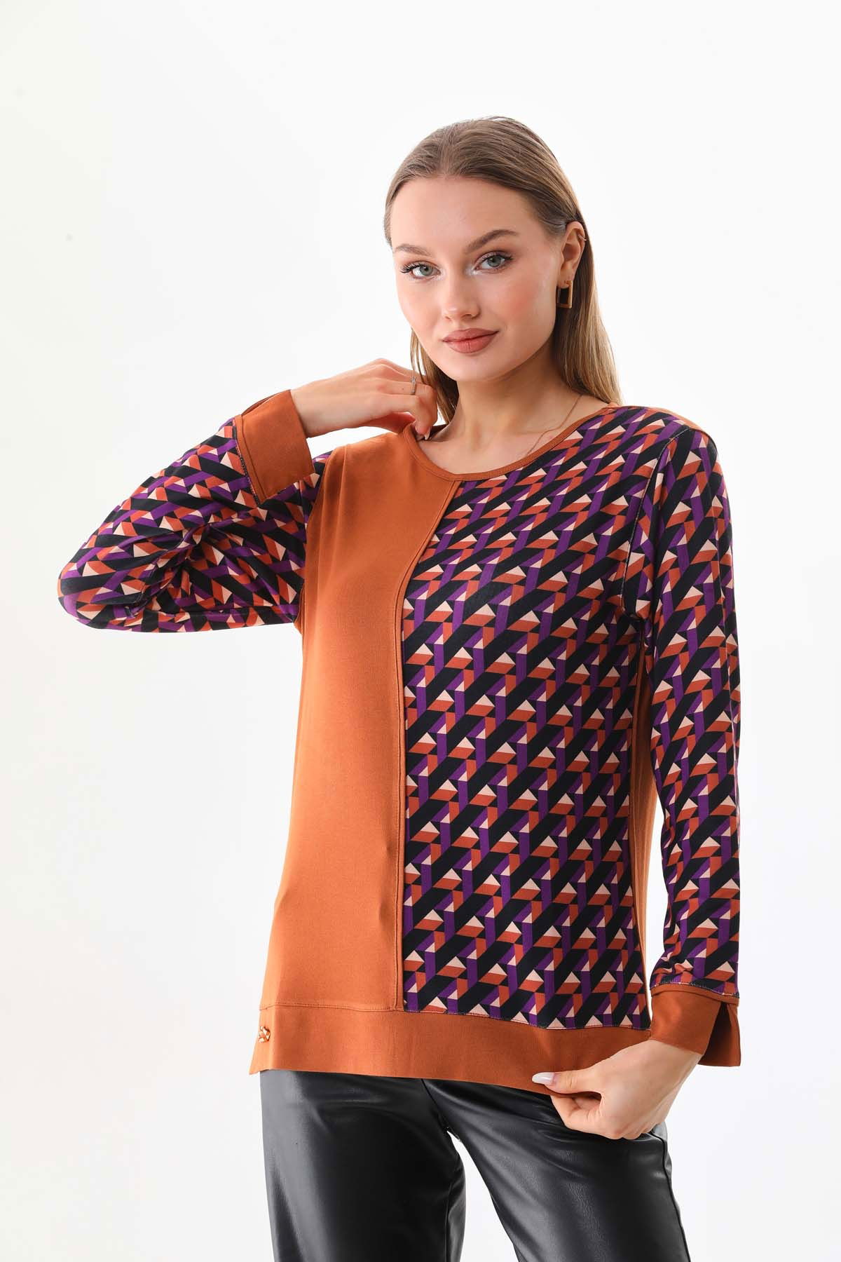 Sistas Kadın Desenli Bisiklet Yaka Uzun Kol Bluz 23592 Camel - 3