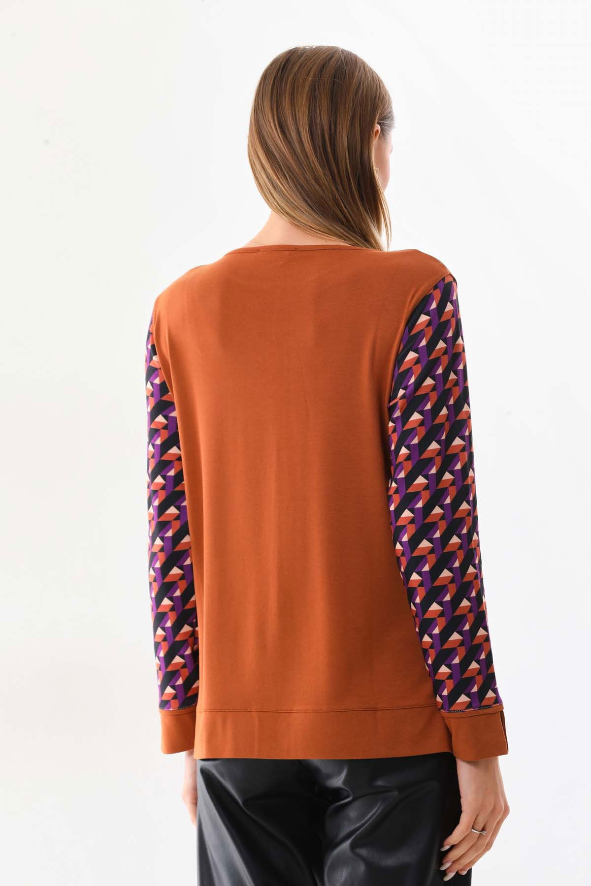 Sistas Kadın Desenli Bisiklet Yaka Uzun Kol Bluz 23592 Camel - 4