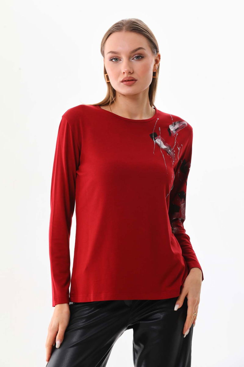 Sistas Kadın Desenli Bisiklet Yaka Uzun Kol Bluz 23598 Bordo 