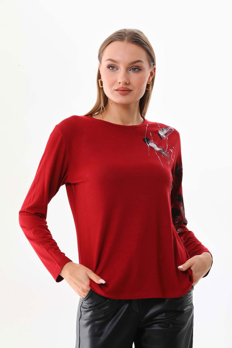 Sistas Kadın Desenli Bisiklet Yaka Uzun Kol Bluz 23598 Bordo - 3