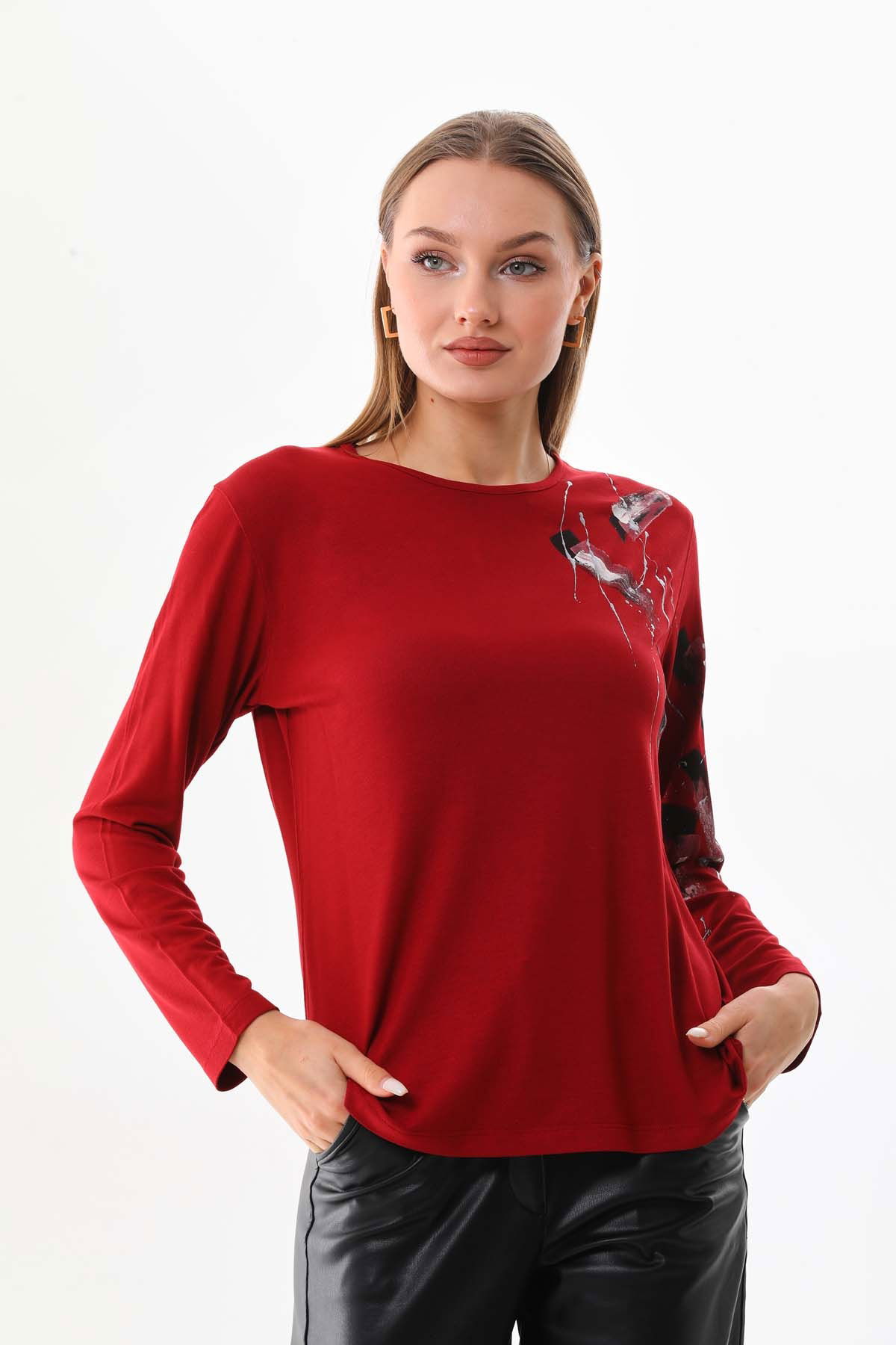 Sistas Kadın Desenli Bisiklet Yaka Uzun Kol Bluz 23598 Bordo - 3