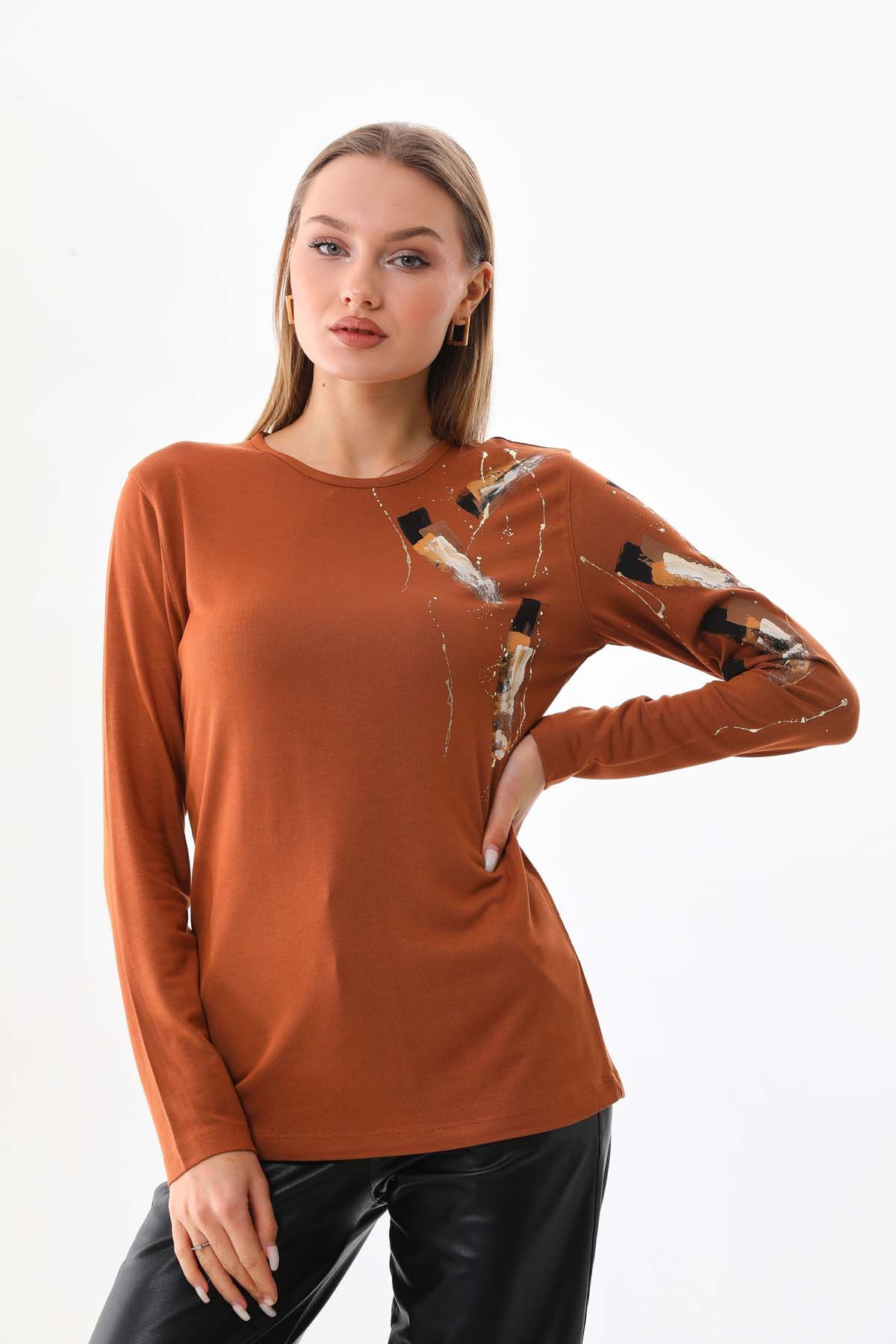 Sistas Kadın Desenli Bisiklet Yaka Uzun Kol Bluz 23598 Camel - 1