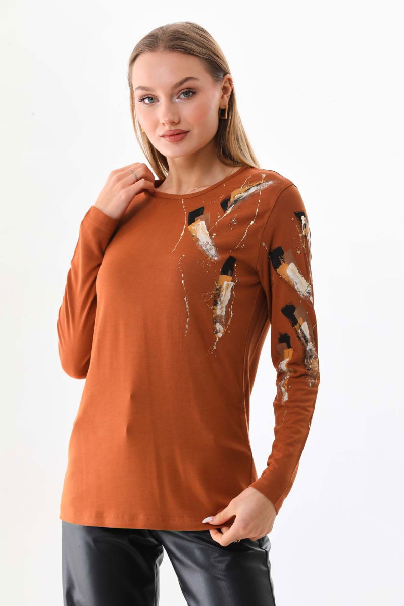Sistas Kadın Desenli Bisiklet Yaka Uzun Kol Bluz 23598 Camel - 3