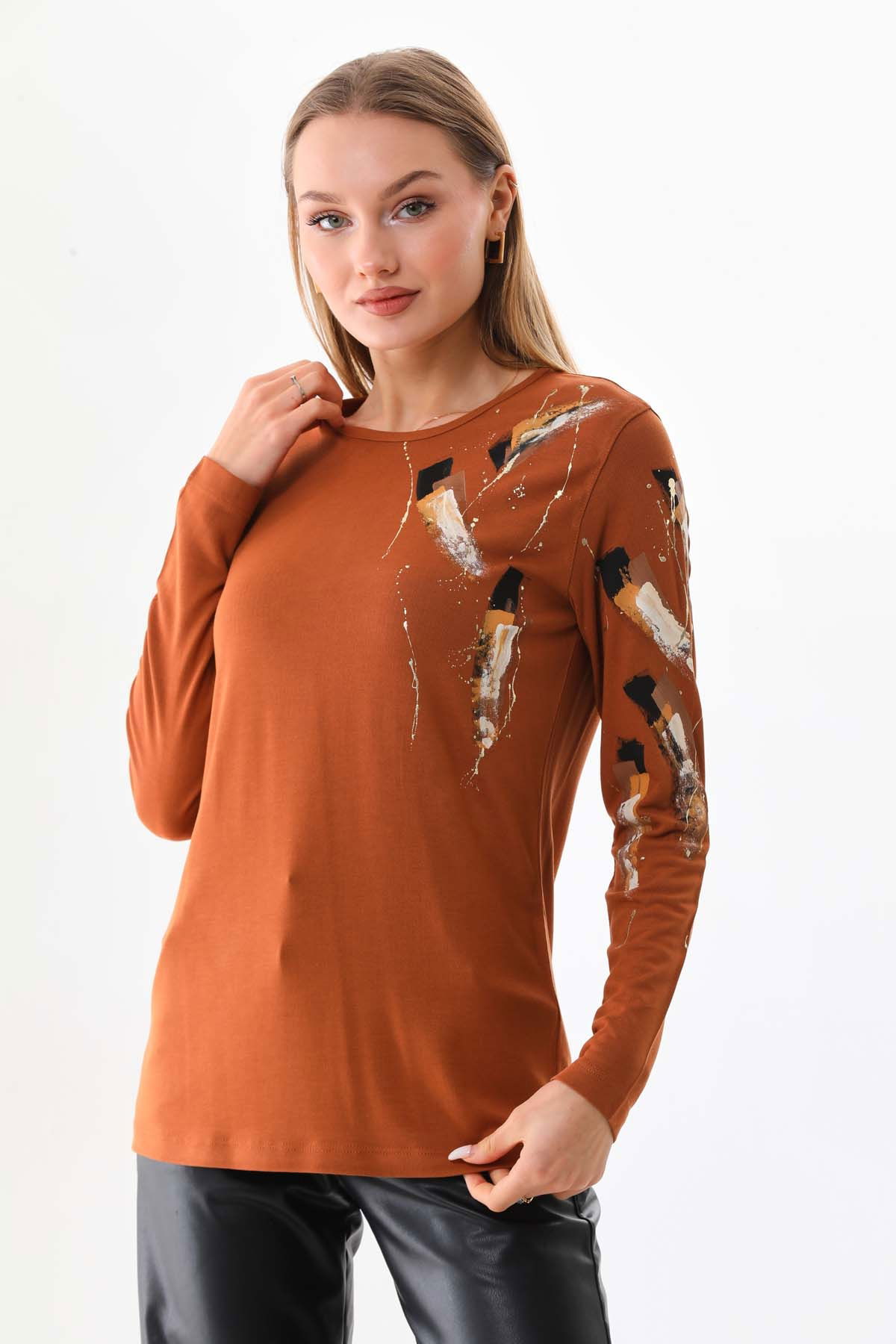 Sistas Kadın Desenli Bisiklet Yaka Uzun Kol Bluz 23598 Camel - 3