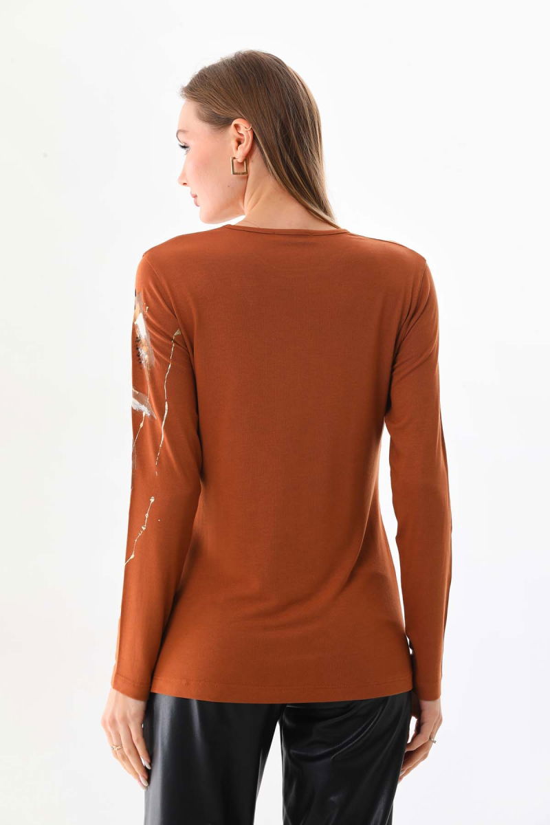 Sistas Kadın Desenli Bisiklet Yaka Uzun Kol Bluz 23598 Camel - 4