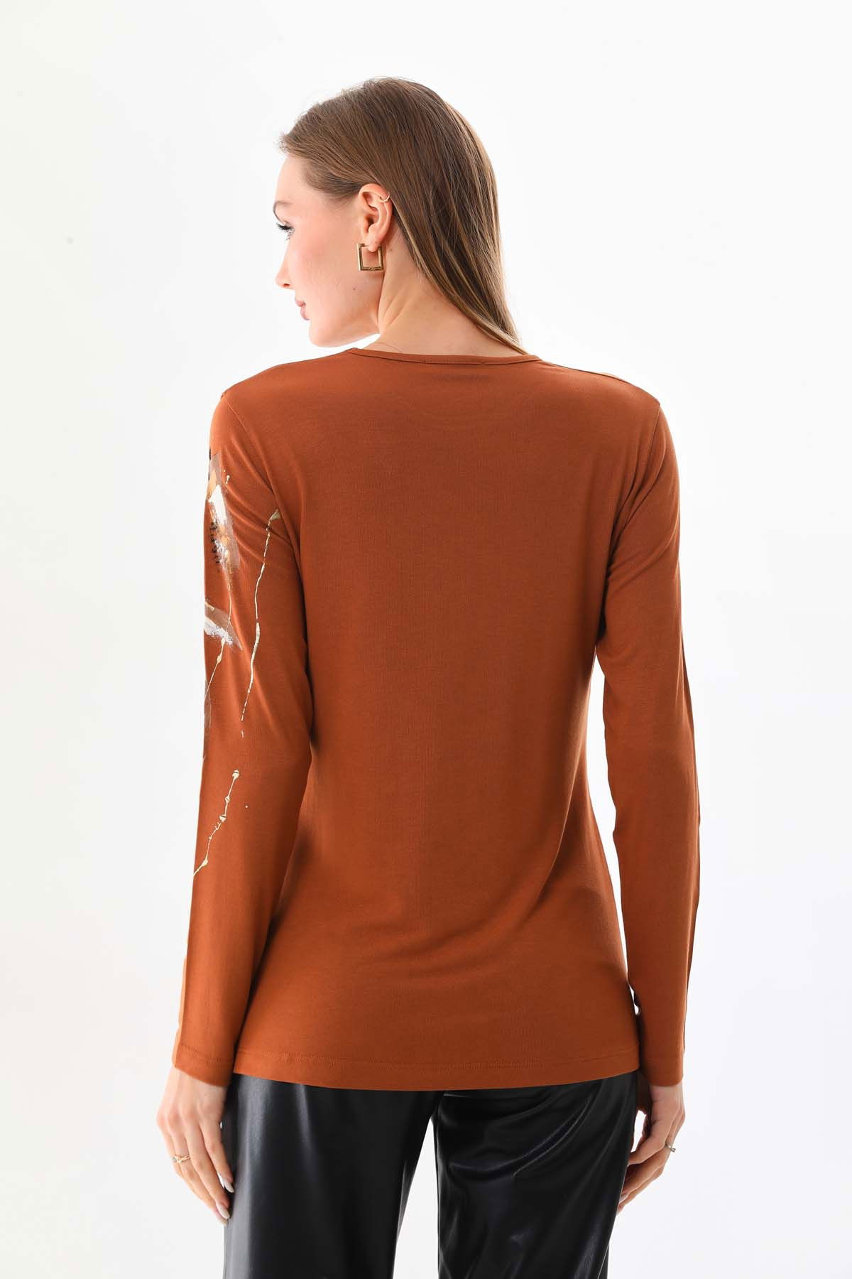 Sistas Kadın Desenli Bisiklet Yaka Uzun Kol Bluz 23598 Camel - 4