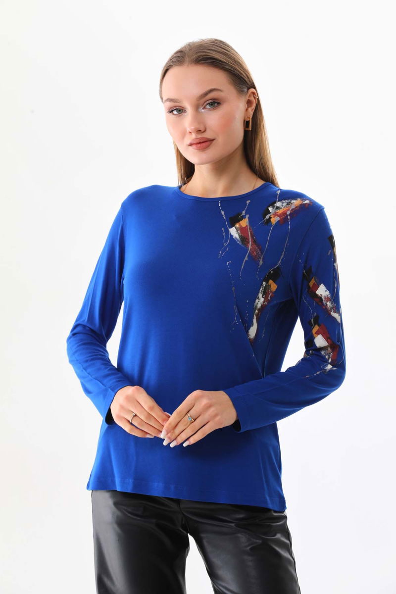 Sistas Kadın Desenli Bisiklet Yaka Uzun Kol Bluz 23598 Saks 
