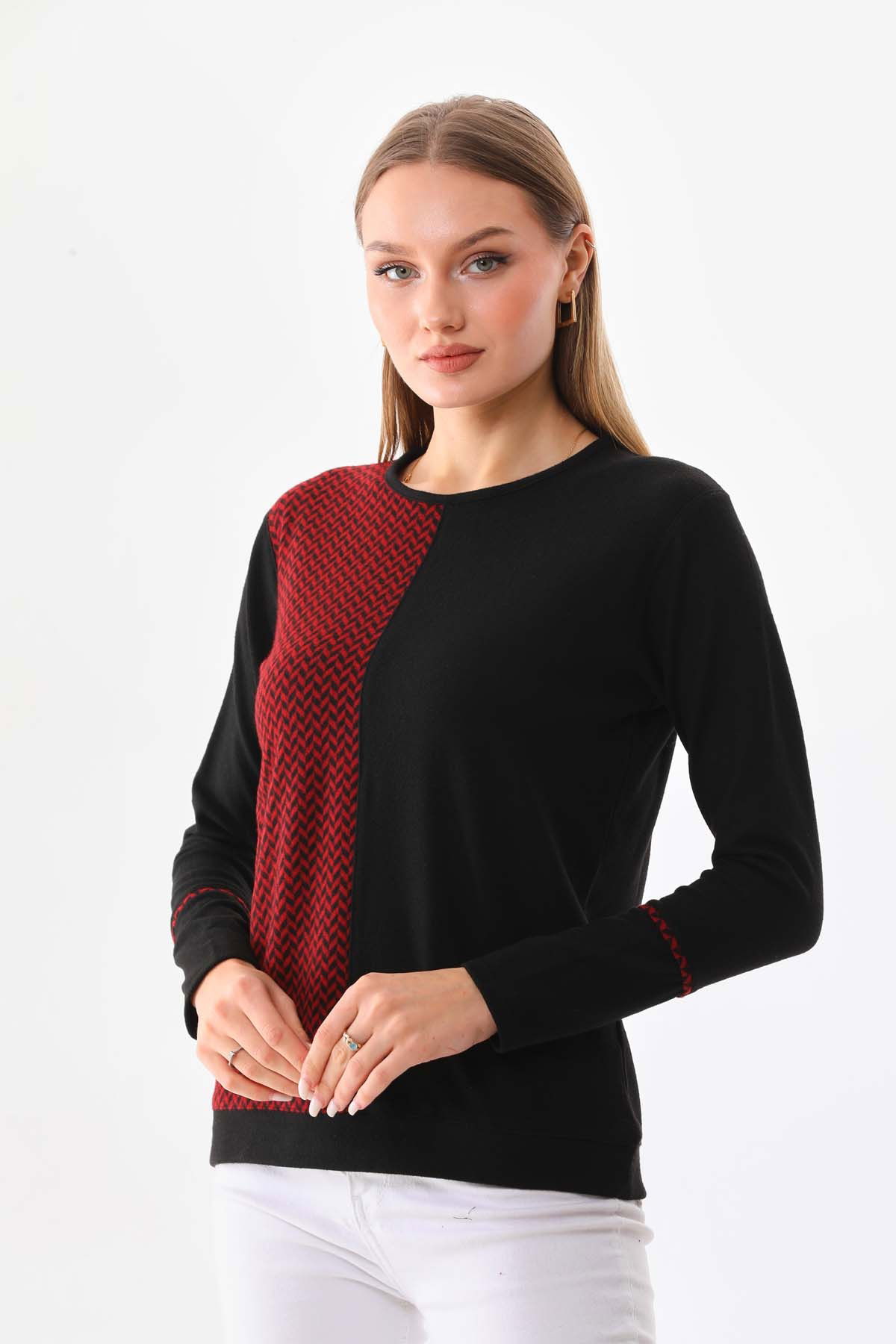 Sistas Kadın Desenli Bisiklet Yaka Uzun Kol Bluz 23619 Bordo - 1