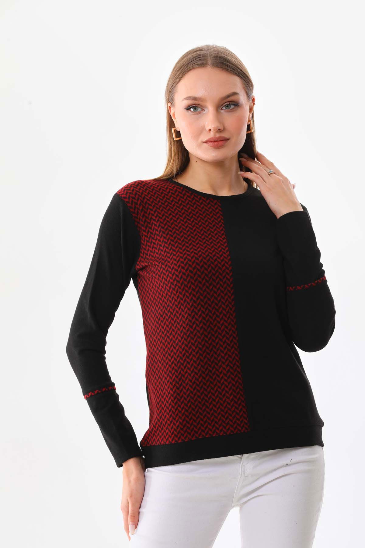 Sistas Kadın Desenli Bisiklet Yaka Uzun Kol Bluz 23619 Bordo - 3