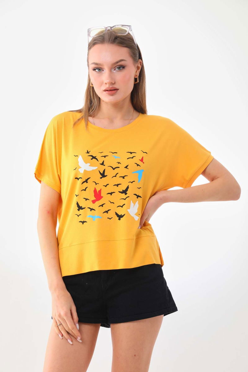Sistas Kadın Desenli Kısa Kol Bluz 23141 Sarı 