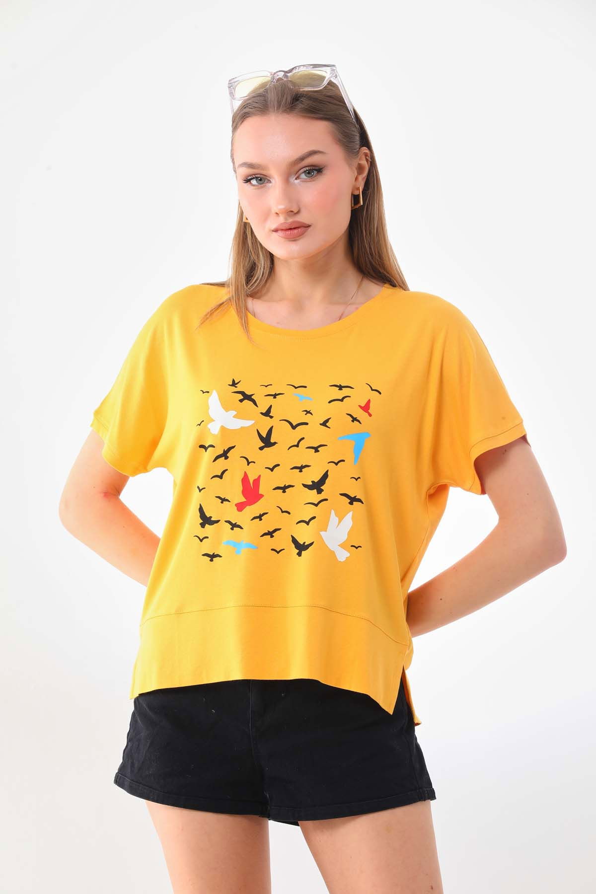 Sistas Kadın Desenli Kısa Kol Bluz 23141 Sarı - 3