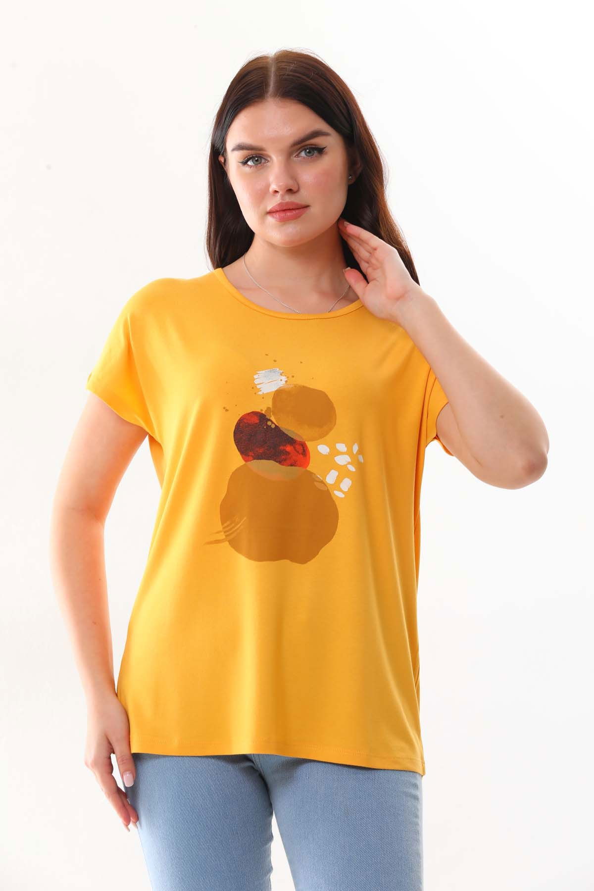 Sistas Kadın Desenli Kısa Kol Penye Bluz 23003 Sarı - 1
