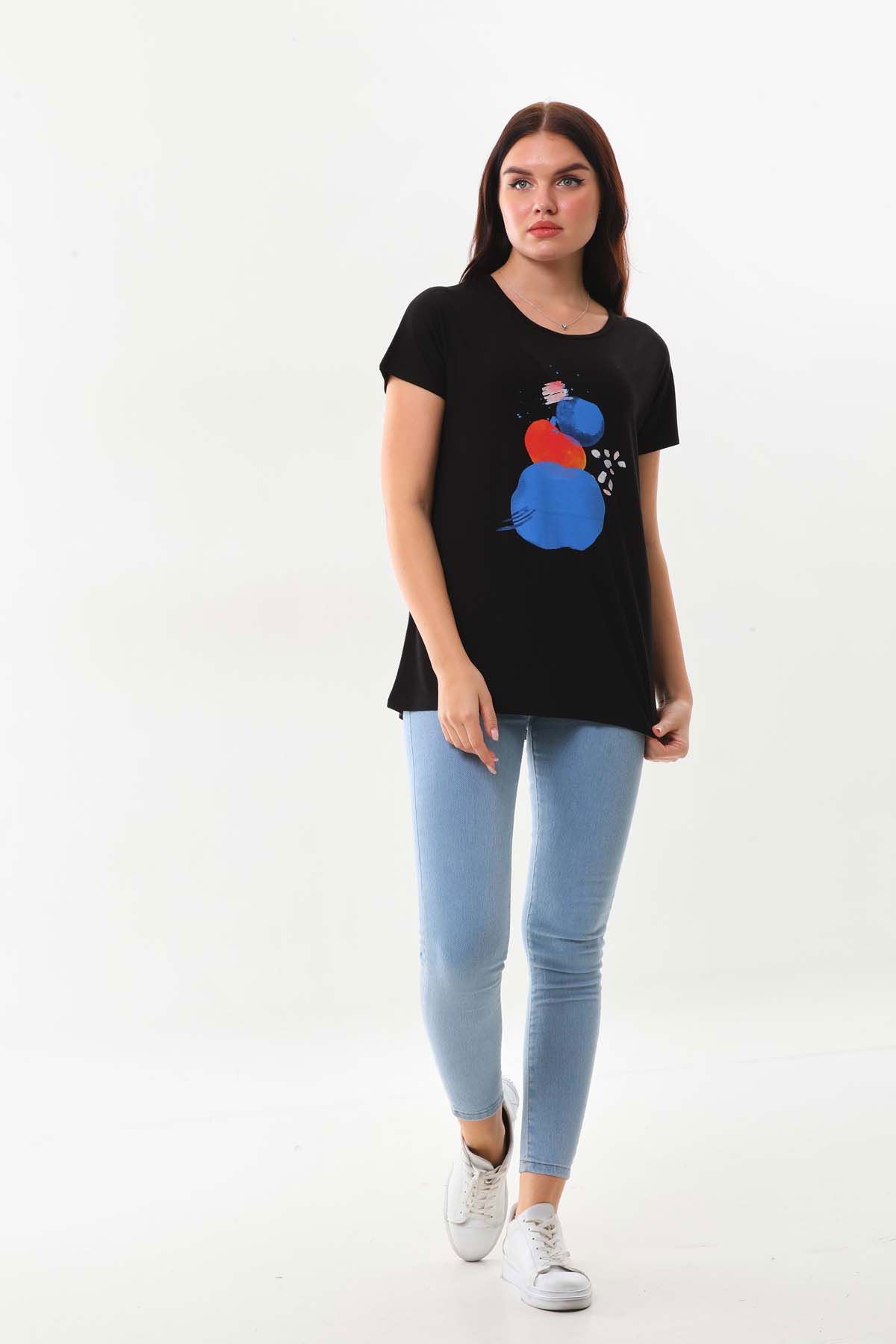 Sistas Kadın Desenli Kısa Kol Penye Bluz 23003 Siyah - 2